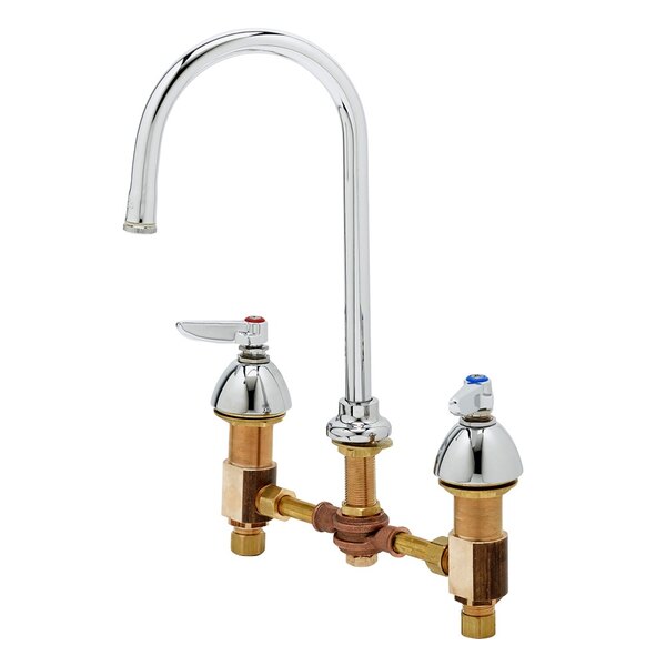 A chrome T&S deck mount faucet with 8" adjustable centers and a gooseneck spout.