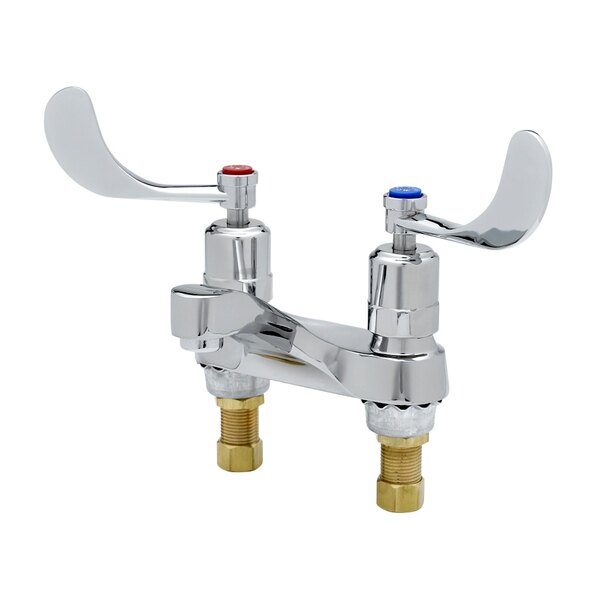 A T&S metering faucet with two wrist action handles.