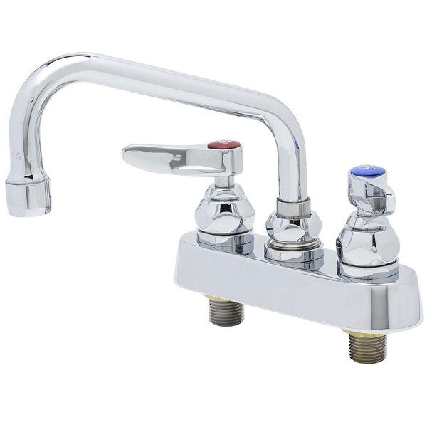 A T&S chrome deck-mount workboard faucet with two handles and a swing nozzle.