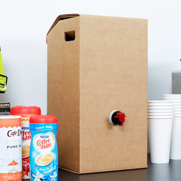 A brown cardboard box with a red valve and 10 Sabert beverage dispensers.
