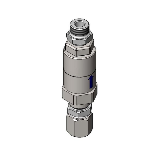 A T&S B-0977 Dual Check Valve Type Vacuum Breaker with Adapters, a grey cylinder with a metal handle and a blue arrow.