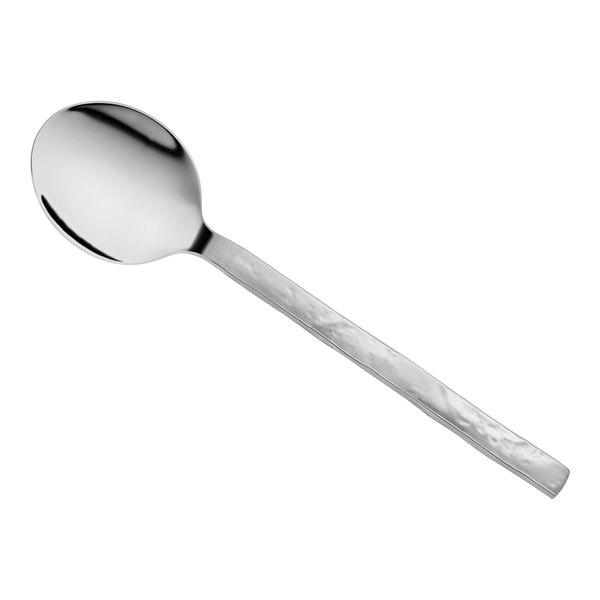 A stainless steel bouillon spoon with a polished finish and a textured handle.