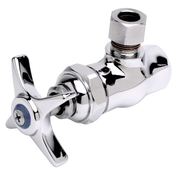 A chrome plated T&S angle stop with 4 arm handle.