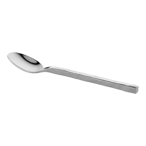 An 8 1/4 inch stainless steel dessert spoon with a forged, extra heavy weight design.