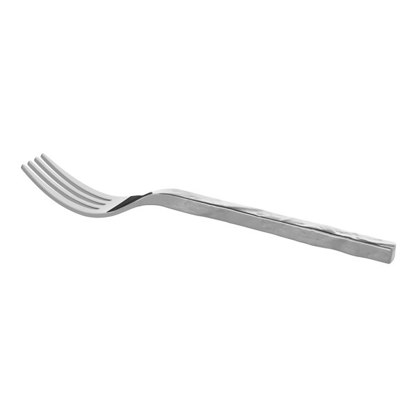 A stainless steel salad fork with a textured handle.