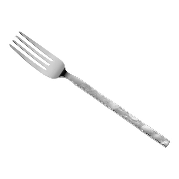 A stainless steel dinner fork with a textured handle.