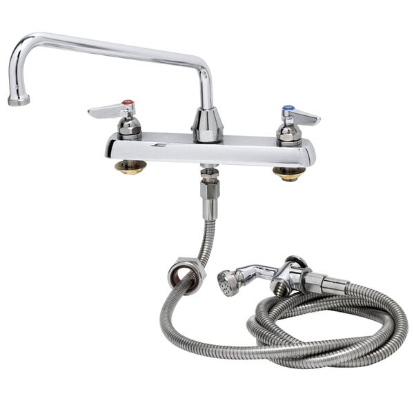 A chrome T&S deck-mount workboard faucet with a 16" swing nozzle and spray valve hose.