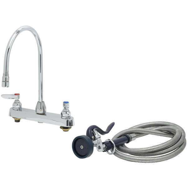 A T&S deck-mount workboard faucet with gooseneck spout and hose.