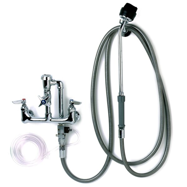 A T&S Cart Spray Wash Faucet with hose attached.