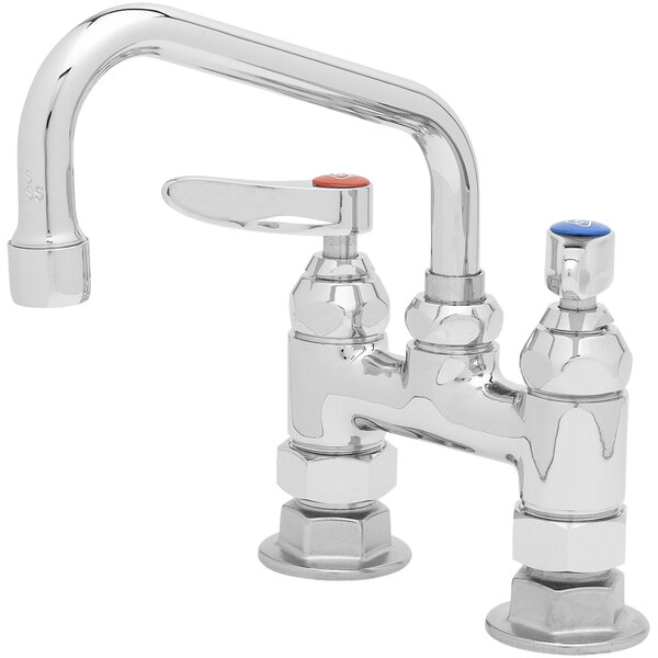 A T&S chrome deck-mount sink faucet with two blue handles.