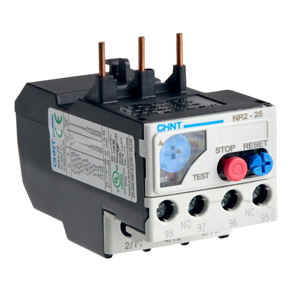 A black and white electrical component with three copper prongs, labeled dials, and connection ports, featuring buttons marked 'STOP' and 'RESET.'