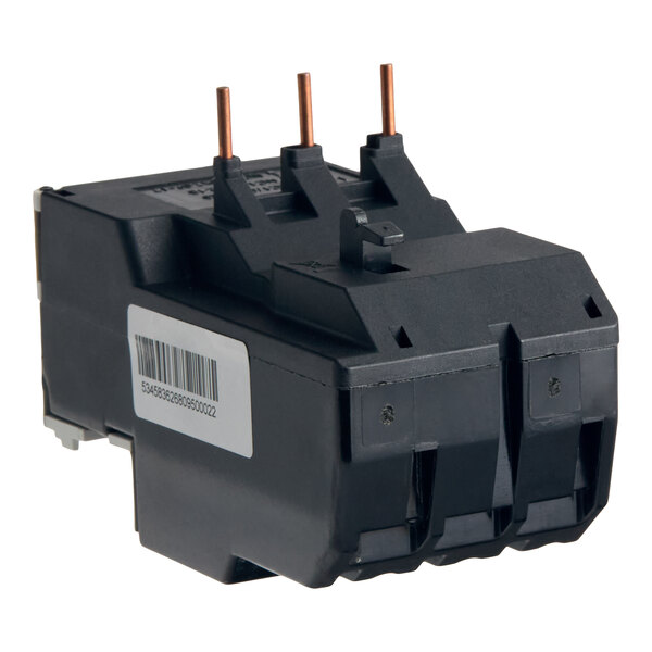 A black plastic electrical component with three copper prongs and a barcode label on the side.