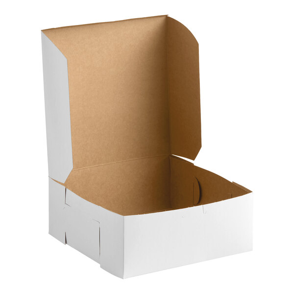 A white, customizable 10 inch by 10 inch by 4 inch bakery box with an open lid.