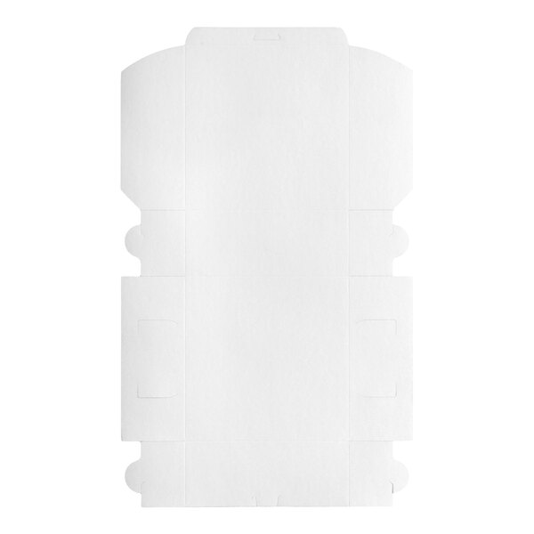 A flat, unfolded white cardboard bakery box designed for cakes or pastries.