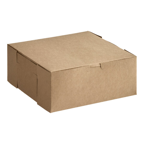 A plain, brown kraft paper bakery box with a fold-over lid, measuring 10 by 10 by 4 inches.