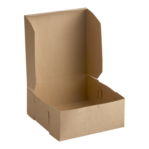 A plain kraft-colored bakery box with an open lid, designed for cakes or baked goods.