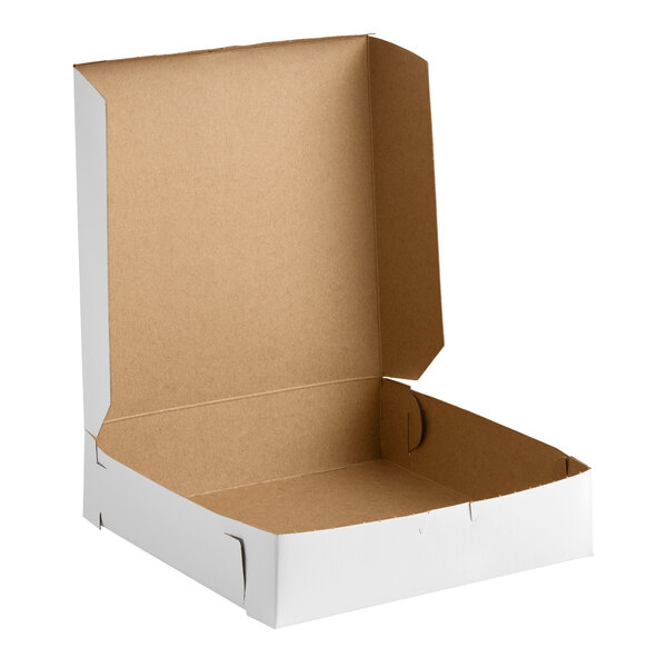 A white, customizable 10-inch by 10-inch by 2.5-inch cardboard bakery box with an open lid.