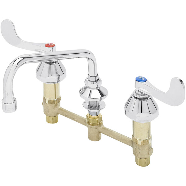 A T&S Easy Install Deck Mount Medical Faucet with 8" Centers and Swing Nozzle with 4 Wrist Action Handles.