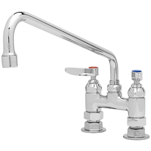 A silver T&S deck-mount faucet with two handles and a red and blue button.