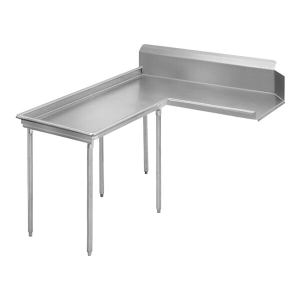 A stainless steel L-shape dishtable with legs.
