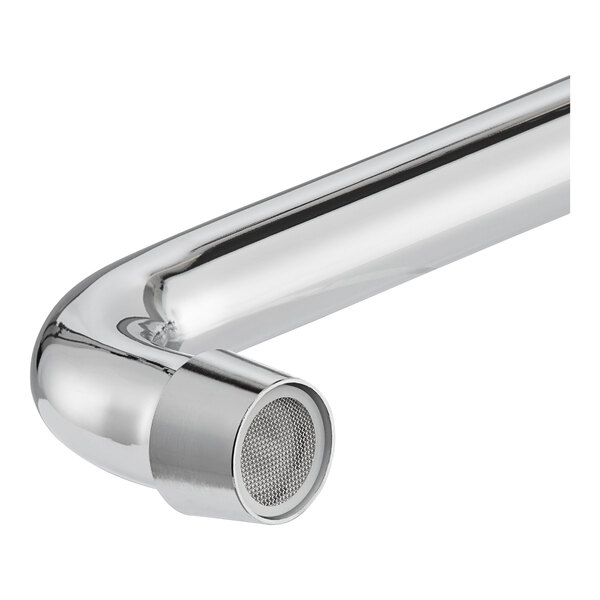 A chrome deck-mount faucet spout with a mesh aerator at the tip.
