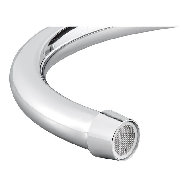 A chrome gooseneck spout for a deck-mount faucet with a mesh aerator at the tip.
