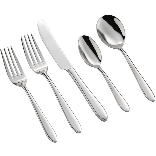 A five-piece set of Acopa Remy 18/8 stainless steel extra heavy weight flatware including two forks, a knife, and two spoons.