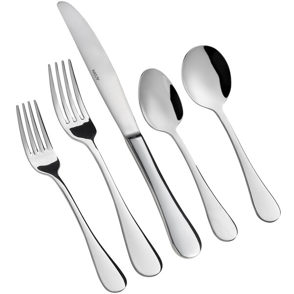 A five-piece set of stainless steel flatware including two forks, a knife, and two spoons.