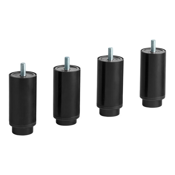 A set of four black cylindrical replacement legs with threaded metal studs for the Avantco Ice EUC-G-80-A unit.