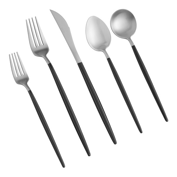 A five-piece set of black and silver brushed stainless steel flatware including two forks, a knife, and two spoons.