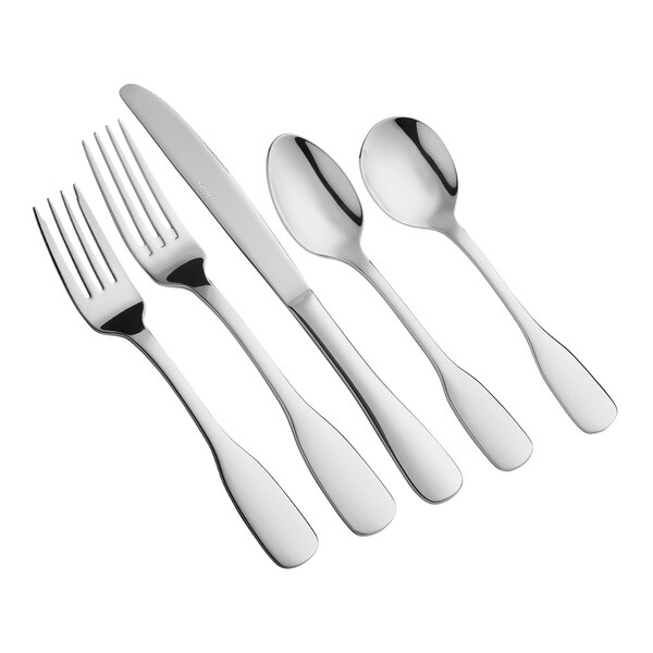 A five-piece set of stainless steel flatware including two forks, a knife, and two spoons.