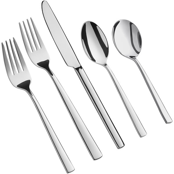 A five-piece set of stainless steel flatware including two forks, a knife, and two spoons.
