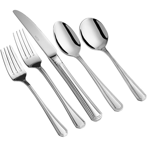 A five-piece set of Acopa Landsdale 18/8 stainless steel extra heavy weight flatware including two forks, a knife, and two spoons.