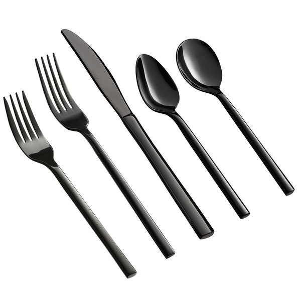 A five-piece set of black stainless steel flatware including two forks, a knife, and two spoons.