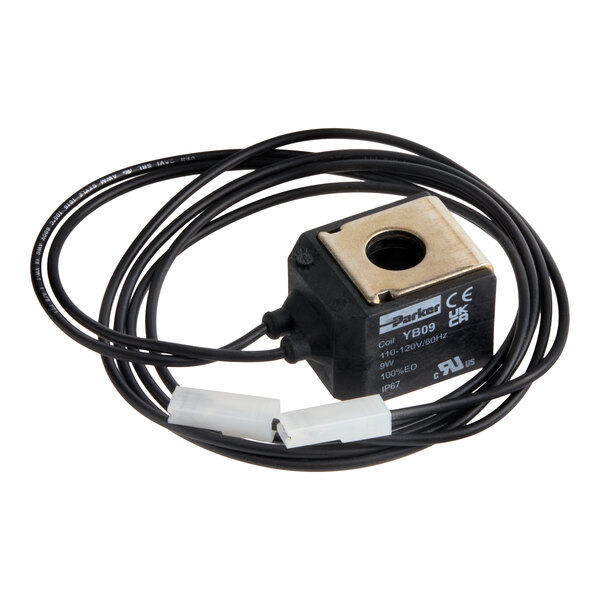 A hot gas valve coil with attached wires for select Avantco Ice Diamond ice machines.