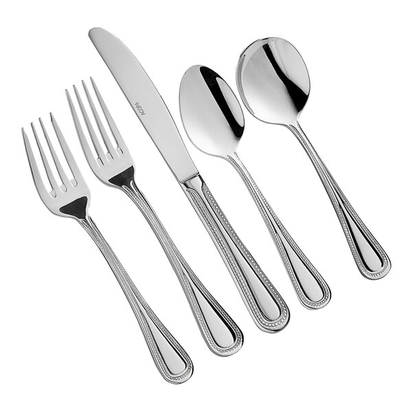 A five-piece set of stainless steel flatware including two forks, a knife, and two spoons.