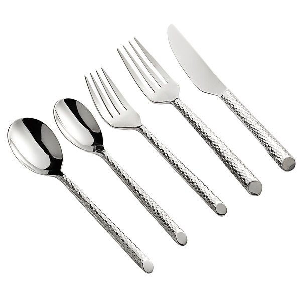 A five-piece set of stainless steel flatware with textured handles, including two spoons, two forks, and a knife.