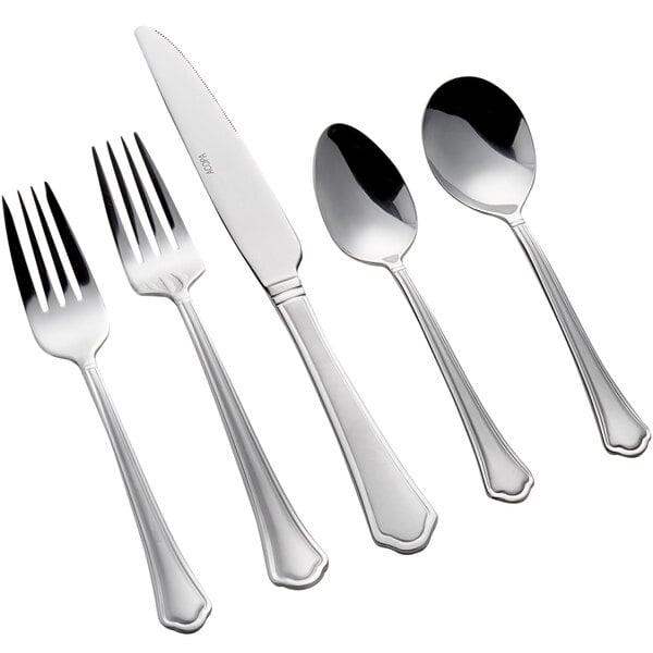 A five-piece set of stainless steel flatware including two forks, a knife, and two spoons.