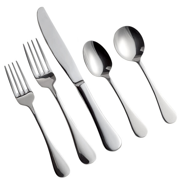 A five-piece set of stainless steel flatware including two forks, a knife, and two spoons.