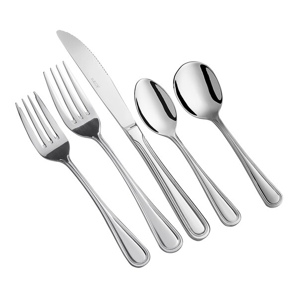 A five-piece set of stainless steel flatware including two forks, a knife, and two spoons.