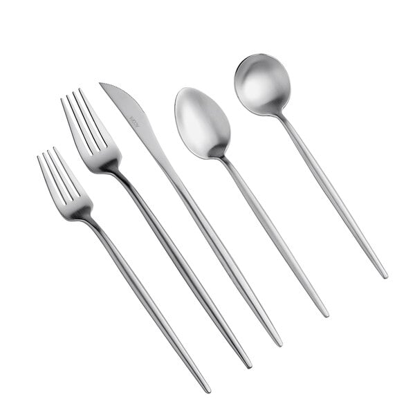 A five-piece set of brushed stainless steel flatware including two forks, a knife, and two spoons.
