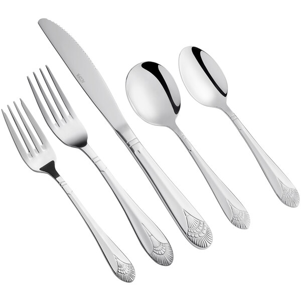 A five-piece set of stainless steel flatware including two forks, a knife, and two spoons with decorative handles.