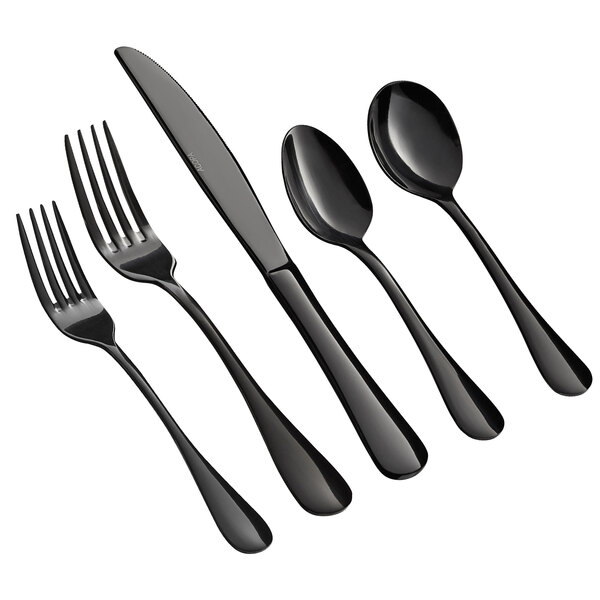A five-piece set of black stainless steel flatware including two forks, a knife, and two spoons.