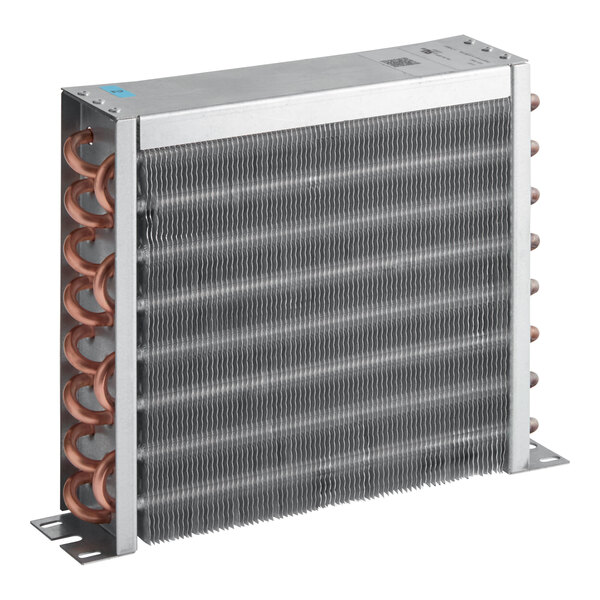 A metal condenser unit with copper tubing and aluminum fins, designed for the Avantco EUC-G-80-A ice machine.