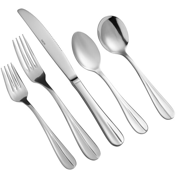 A five-piece set of stainless steel flatware including two forks, a knife, and two spoons.