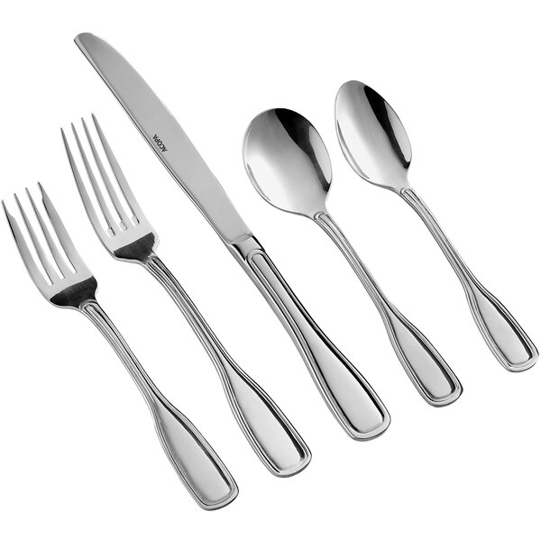 A five-piece set of stainless steel flatware including two forks, a knife, and two spoons.