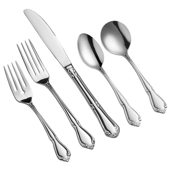A five-piece set of stainless steel flatware including two forks, a knife, and two spoons.