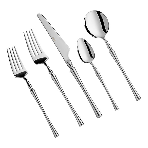 A five-piece set of stainless steel flatware including two forks, a knife, and two spoons.