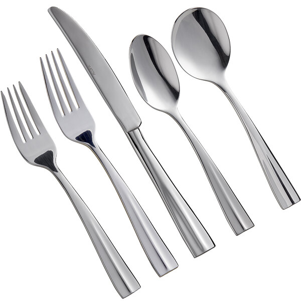 A five-piece set of stainless steel flatware including two forks, a knife, and two spoons.