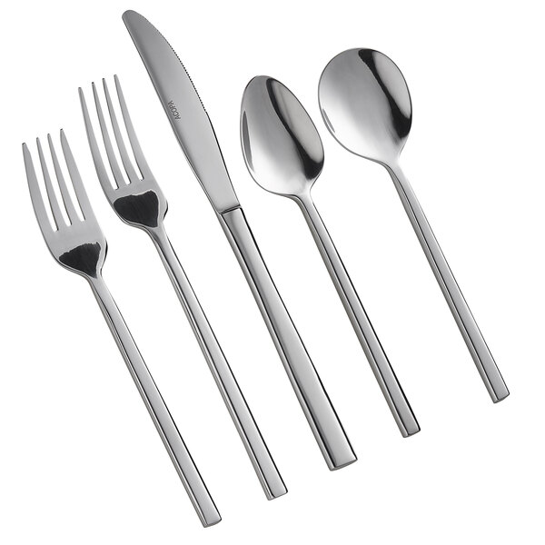 A five-piece set of stainless steel flatware including two forks, a knife, and two spoons.